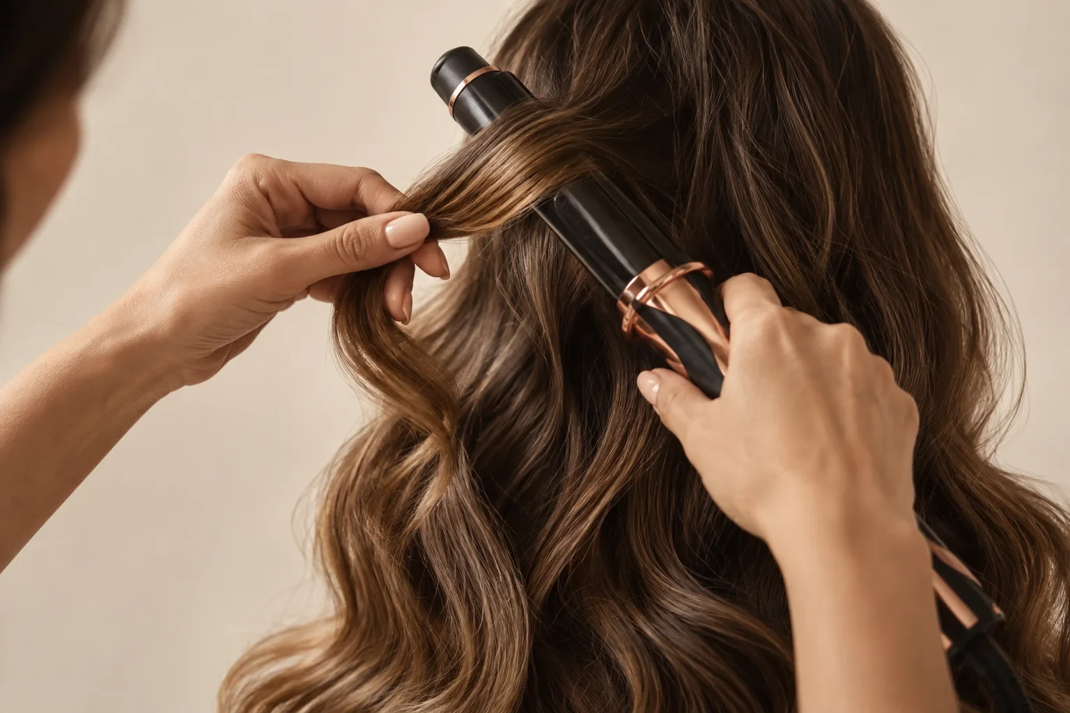 Gros plan illustratif de mains travaillant une mèche de cheveux texturés, avec des reflets naturels et des accessoires sobres.