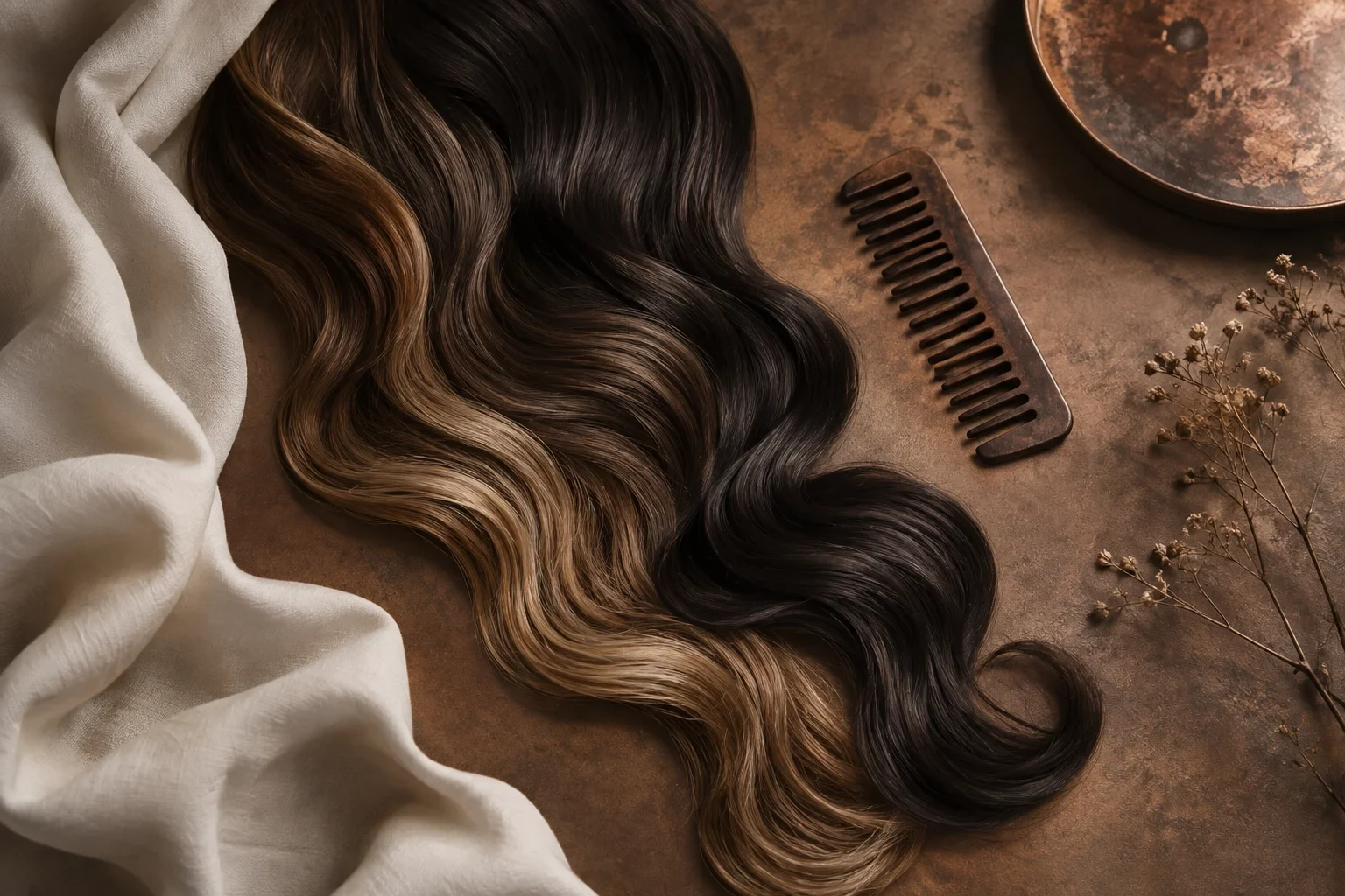 Vue illustrative en plongée de mèches aux textures variées, d’un peigne et de matières crème et cuivre, sans marque visible.
